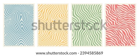 Groovy hippie waves swirl pattern trendy backgrounds twirl 70s. Abstract horizontal twisted and distorted line liquid, zebra texture set vector illustration retro psychedelic Y2k aesthetic style 60s