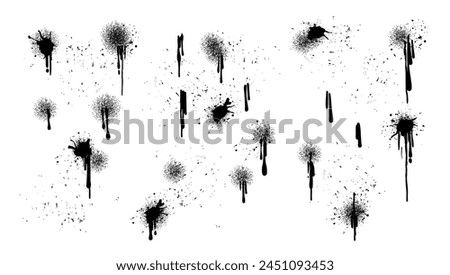 Black graffiti spray set paint pattern. Spray paint abstract lines drips texture. Isolated on white background for banner decoration, street art. modern elements graphic. vector illustration 