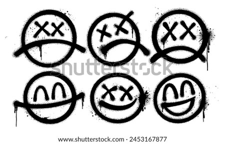 face happy and sad face black graffiti spray paint pattern. Spray set elements face logo graffiti icon drips texture wall street art. Isolated background banner art decoration vector illustration