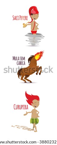 vector illustration the character of Brazilian legends and folklore stories, Curupira, one-legged boy in a red cap with a pipe Saci Perere, mula sem cabeca,
Translation: the name characters