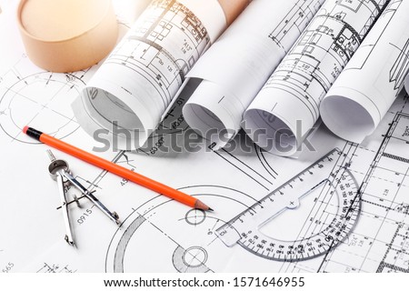 Technical drawings with measure tools. Pencil, measurement. Papers with technical drawings and diagrams on the table.C Сток-фото © 