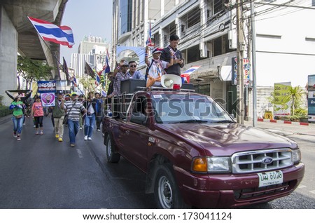 Bangkok, Thailand - Jan 24, 2014: Anti-government leaders and protesters at Phahonyothin road nearby the victory monument, during the rally for shut down the city and force the resignation of PM.