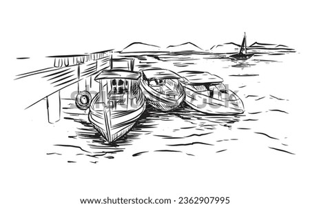 Illustration Sketching Three speedboats are docked 
next to a bridge in the sea.