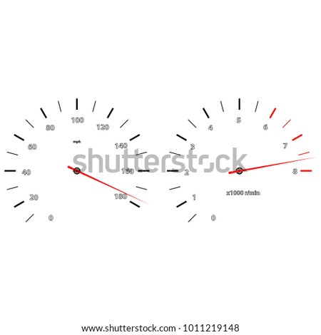 An object is shown in the form of a speedometer contour in miles per hour, with digits from 0 to 180, with a red arrow. The maximum speed. A tachometer with numbers from 1 to 8 is shown with an arrow.