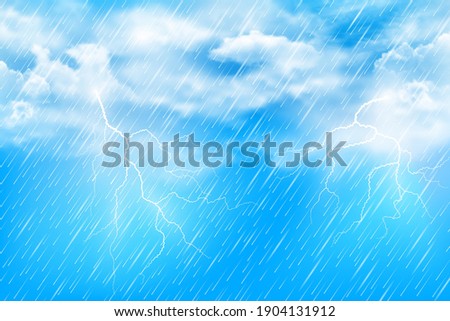 Realistic illustration of summer rain with thunderclouds and lightning in the afternoon against the blue sky. Vector abstract background.