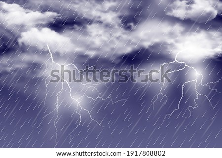Realistic illustration of autumn night thunderstorm with heavy downpour, thunder and lightning. Vector abstract background.
