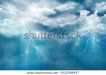 Realistic illustration of autumn night rain with thunderclouds and lightning on dark blue sky. Vector abstract background.