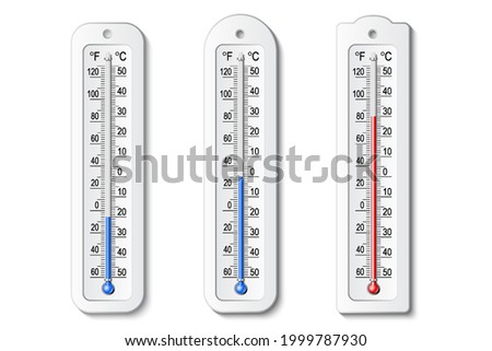 Isolated color set of thermometer icons on white background. Vector weather infographics.