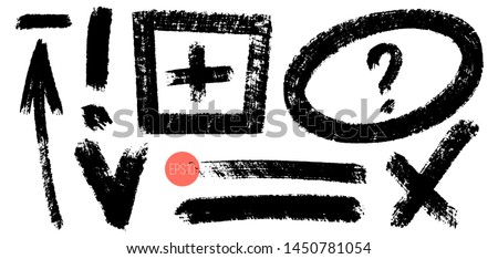 Vector hand drawn design elements. Crayon drawn notes and marks. Set of artistic elements such as arrow, check box, underlines, question mark and exclamation point. Monochrome collection.