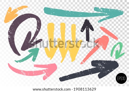 Set of thick arrows various shapes and coors. Hand drawn artistic notes. Hand drawn design elements. Vector freehand details for design.