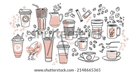 Coffee cups hand drawn vector illustration set. Various cups sketch style drawn collection with sugar, spoons, bubbles and coffee beans. Hand drawn linear graphic assets.