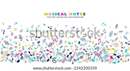 Musical notes vector seamless background. Horizontal template with copy spacy and colorful hand-drawn musical elements border pattern.