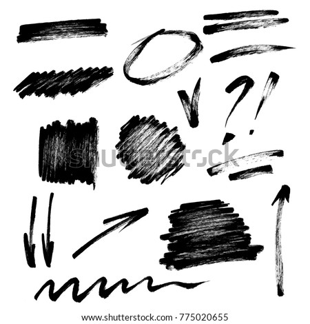 Vector set of hand drawn brush strokes and signs. Spots, arrows, tick, underlines and marks by brush pen.