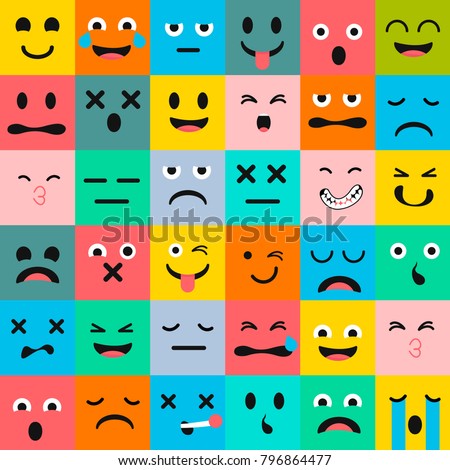 Emoticons vector pattern. Emoji square icons. Cute emoji colorfull illustration. Big set flat cartoon style. Face funny backgound