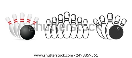 Vector set of bowling. Sport icons set. Bowling game. Bowling ball and pin icon. Simple icon skittles with ball. Logo template. Bowling club, tournaments.