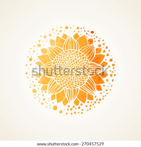 Watercolor sunny mandala. Stylized sunflower. Isolated element for design. Gold texture sunflower on white background. Vector edited illustration. Logo template