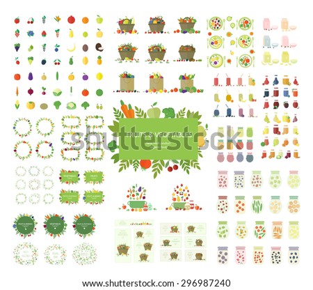 Collection of fruits, vegetables, and kitchen elements, icons isolated on white background. Set of food, bags, frames, logos, banners, jars, and beverages in flat design. Vector vegan set in eps10