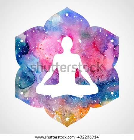 Silhouette of a man in the asana lotus position. Bright watercolor lotus flower. Vector illustration