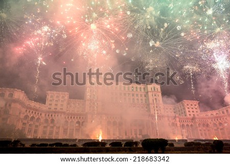 BUCHAREST, ROMANIA - September 21: Fireworks explode over the People\'s House in Bucharest, on September 21, 2014. Bucharest celebrates the 555 anniversary.