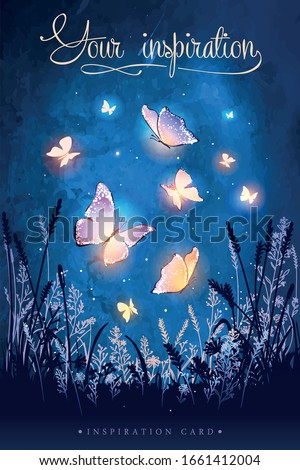 Amazing magical glowing butterflies. Unusual vector illustration. Inspiration for a wedding, date, birthday, tea or garden party.