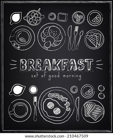 Vintage Poster. Breakfast menu. Set on the chalkboard. Sketches  for design in retro style