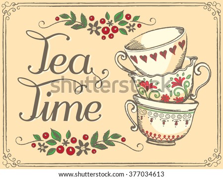 Illustration Tea Time With Cute Cups. Freehand Drawing. Sketch ...