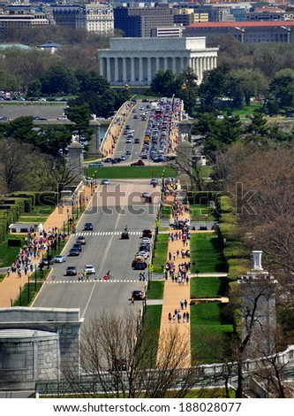 Arlington, Virginia - April 12, 2014:  View to the Arlington Memorial Bridge and Lincoln Memorial from Arlington House view point  *