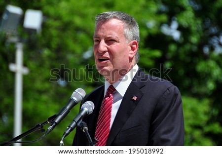NYC - May 26, 2014: New York City Mayor Bill DeBlasio speaking at the annual Memorial Day holiday ceremonies in Riverside Park