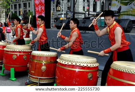 NYC - May 28, 2011:  Youthful Taiwanese drummers performing on traditional Chinese drums at the Passport to Taiwan festival in Union Square