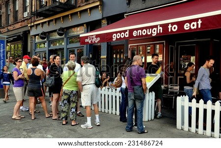New York City - August 23, 2011:  People queue to enjoy a summer Sunday brunch at the very popular Good Enough to Eat restaurant on Amsterdam Avenue