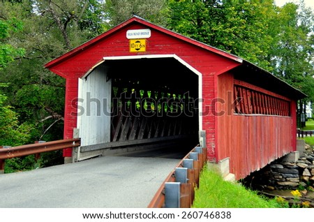 Bennington, Vermont - September 17, 2014:  The 1840 truss and lattice Silk Road Covered Bridge over the Walloomsac River *