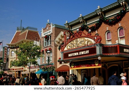 Hong Kong, China - December 13, 2006: Disneyland\'s charming Main Street lined with 19th century Americana buildings including the Main Street Cinema