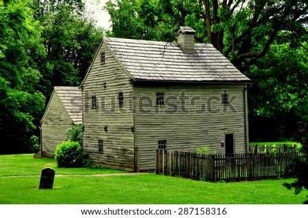 Ephrata, Pennsylvania - June 6, 2015:  :  Circa 1740\'s wooden home of founder Conrad Beissel at the 18th century Ephrata Cloister Germanic religious settlement
