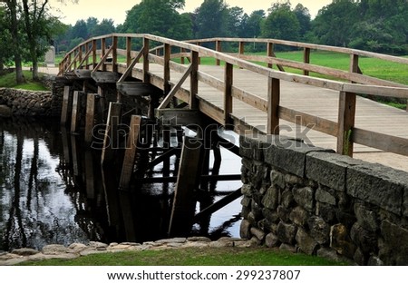Concord, MA - July 12, 2014: Old North Bridge in Minuteman National Historic Park where American soldiers and British Redcoats fought the first battle of the American Revolutionary War