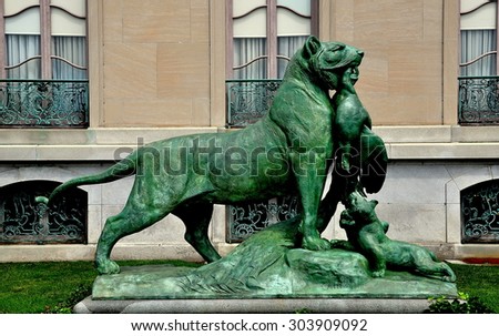 Newport, Rhode Island - July 17, 2015:  1873 Sculpture of a Lion holding a bird in its mouth at 1901 The Elms summer mansion of coal baron Edward Berwind