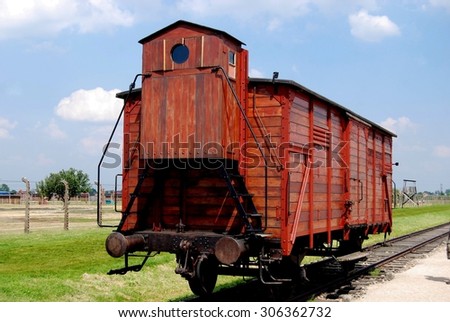 Auschwitz, Poland - June 9, 2010: Transport box car with no windows brought Jews and other victims from all over Europe to the infamous Birkenau concentration camp *