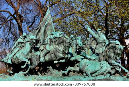Washington, DC - April 9, 2014:  Heroic Civil War sculptures at the Ulysses S. Grant Civil War Memorial opposite the Capitol Reflecting Pool *