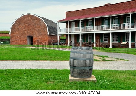 Baltimore, Maryland - July 24, 2013:  18th century Powder Magazine and soldiers\' barracks with balcony at Fort McHenry national historic park