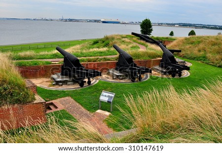 Baltimore, Maryland - JUly 24, 2013:  Mighty cannons at c. 1790 Fort McHenry aimed at Chesapeake Bay to defend the fort from attack by sea *