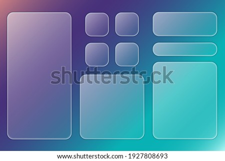 Set of transparent plates with place for text in trendy style glassmorphism or frosted glass on abstract multicolor background. For sites, applications, internet projects. Vector illustration.