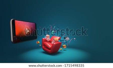 Watching movies cinema online Entertainment media on smartphone with popcorn, film strip, clapperboard, speaker and red seat. Multimedia application service. object clipping path. 3D Illustration.