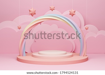 marshmallow pink pastel product podium or display rainbow girly girl advertising cloud layer set theatre vibe cutout twist sweet tooth makeup cosmetic teenager star model hanging. 3D Illustration.