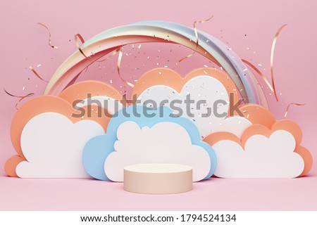 pink pastel product podium or display rainbow girly girl advertisment cloud layer set theatre vibe makeup cosmetic teenager confetti celebrate sweet festival promotion performance. 3D Illustration.