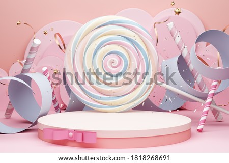 platform pink bow ribbon style deco pastel ripple stand product commercial display advertisement cute candy circle background baby concept lollipop confetti celebrate birthday theme. 3D Illustration.