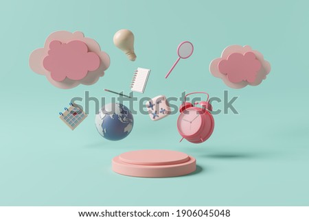 Stage podium display clock alarm timetable routine calculation cloud invention note notebook paper writing global calendar pencil. kids cute pastel pink objects of learning education. 3D Illustration.