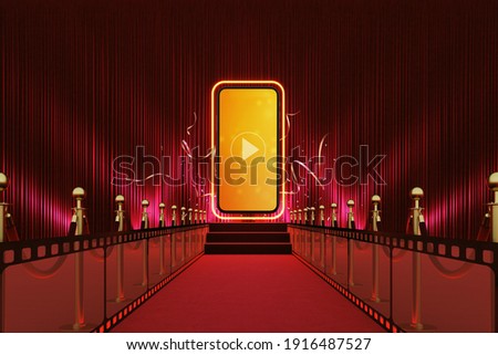 smartphone red carpet entertainment award show social concert online stair stage play light barrier festival live stream. Watching movies cinema online media. hollywood background. 3D Illustration.