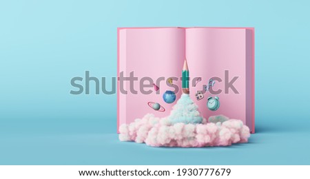 book kid imagine creative clock time universe globe saturn stars rocket sky clouds smoke connected world technology pink pastel education pencil subject open mind calculations space. 3D illustration.