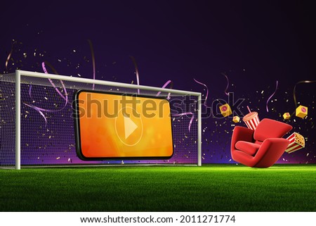 watch football private at home entertainment online streaming mobile phone internet with goal sports soccer confetti celebration sofa armchair in football field. object clipping path. 3D Illustration.