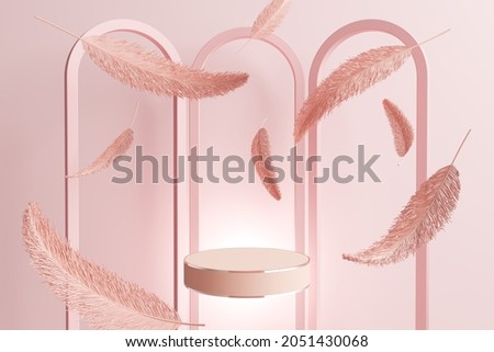 Platform and podium girl pink light baby luxury feather angel feminine concept stand product display commercial arch scene style backdrop. pedestal placing fashion cosmetics skincare. 3D illustration.