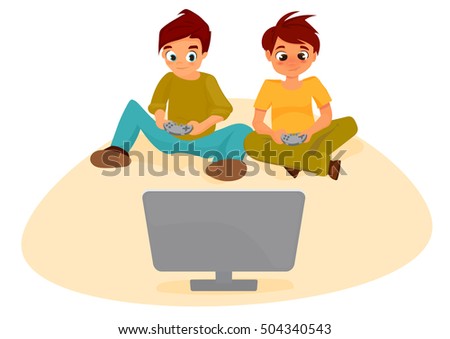 video games addiction. Boys teenagers with remote control in hand playing a video game console. Young boys enjoying computer game, playing with joystick
